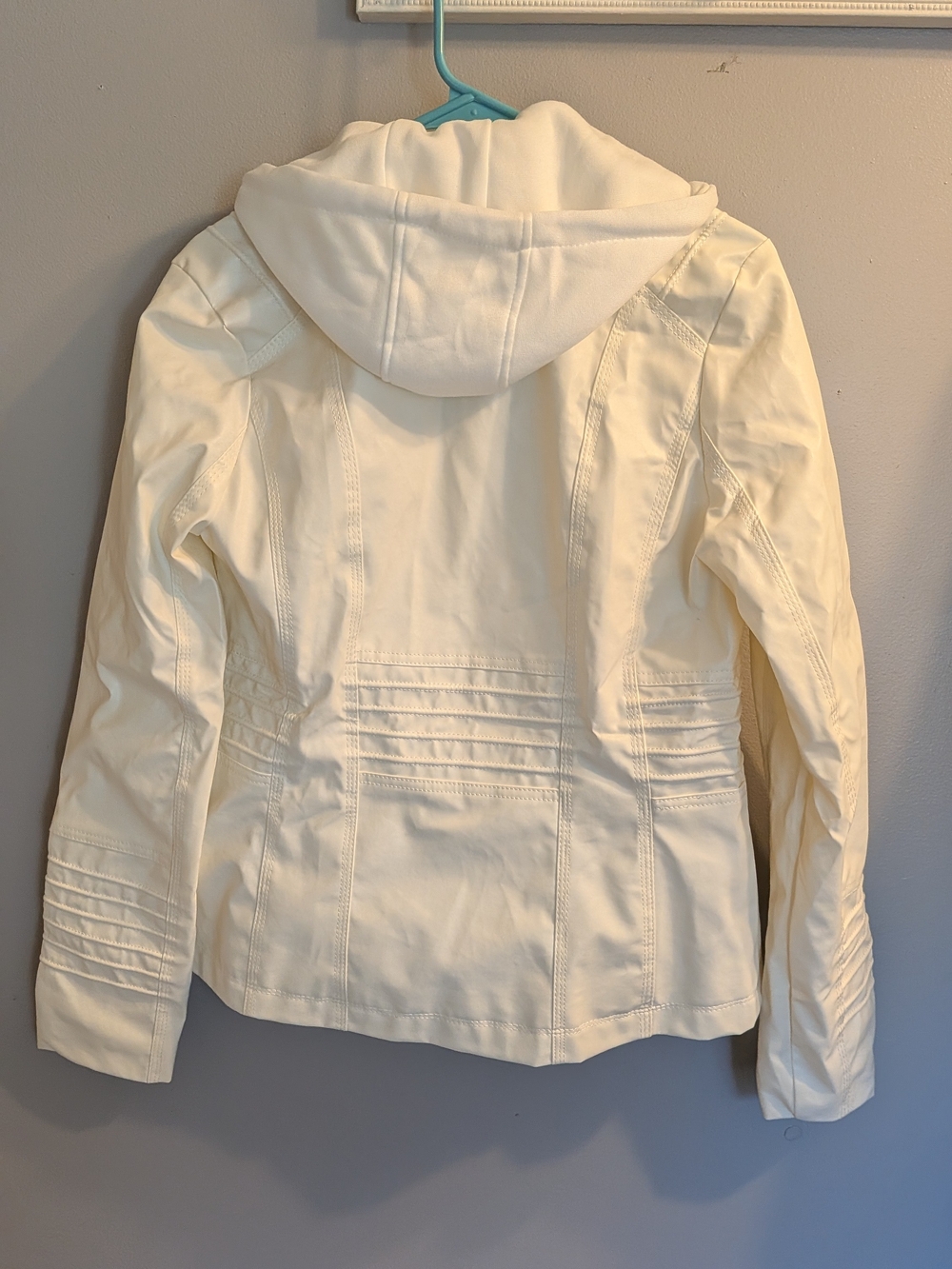 Women's White Moto Style Jacket with Detachable-Look Hoodie - Picture 2 of 4
